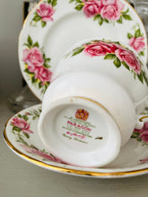 Load image into Gallery viewer, Paragon china teacup trio, pink roses with pale green cup inner
