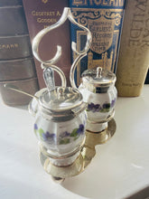Load image into Gallery viewer, Original one of a kind antique cruet set with silver plated trim and stand
