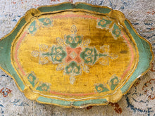 Load image into Gallery viewer, Large vintage Italian florentine wooden tray with ornate green and gold 60cm by 40cm
