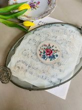 Load image into Gallery viewer, Original vintage glass tray with embroidered lace inlay
