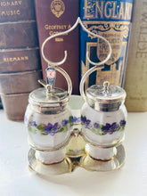 Load image into Gallery viewer, Original one of a kind antique cruet set with silver plated trim and stand
