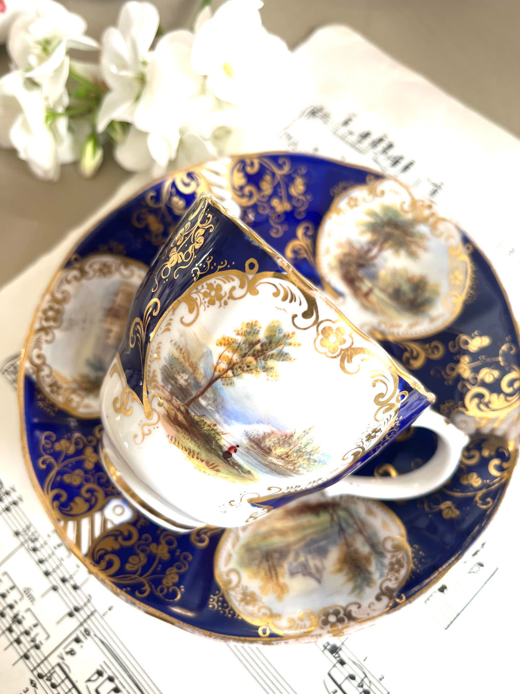 English antique hand painted teacup and saucer set dating 1860-1890