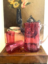 Load image into Gallery viewer, Original antique English cranberry glass jug with two matching glasses
