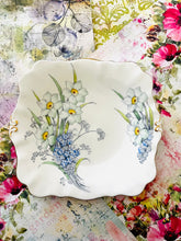 Load image into Gallery viewer, Hand painted cake plate featuring daffodils and forget me not flowers by Bell china England 21.5cm by 20cm
