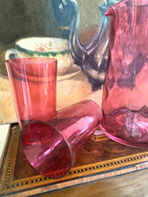 Load image into Gallery viewer, Original antique English cranberry glass jug with two matching glasses
