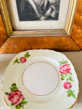 Load image into Gallery viewer, Colclough china 1940s pale green with pink cabbage roses teacup trio

