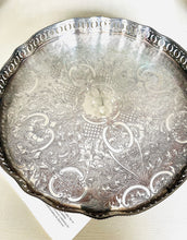 Load image into Gallery viewer, Large silver plate on copper engraved vintage tray with galleried sides and claw feet. Made in England
