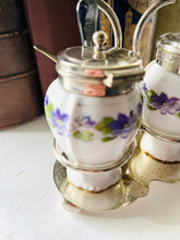 Load image into Gallery viewer, Original one of a kind antique cruet set with silver plated trim and stand
