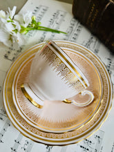 Load image into Gallery viewer, Tuscan 1950s marshmallow pink teacup trio with gilt decoration
