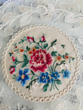 Load image into Gallery viewer, Original vintage glass tray with embroidered lace inlay
