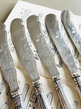Load image into Gallery viewer, Set of 5 beautifully engraved silver plated knives with kings pattern handles
