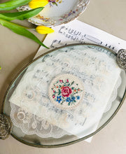 Load image into Gallery viewer, Original vintage glass tray with embroidered lace inlay
