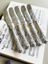 Load image into Gallery viewer, Set of 5 beautifully engraved silver plated knives with kings pattern handles
