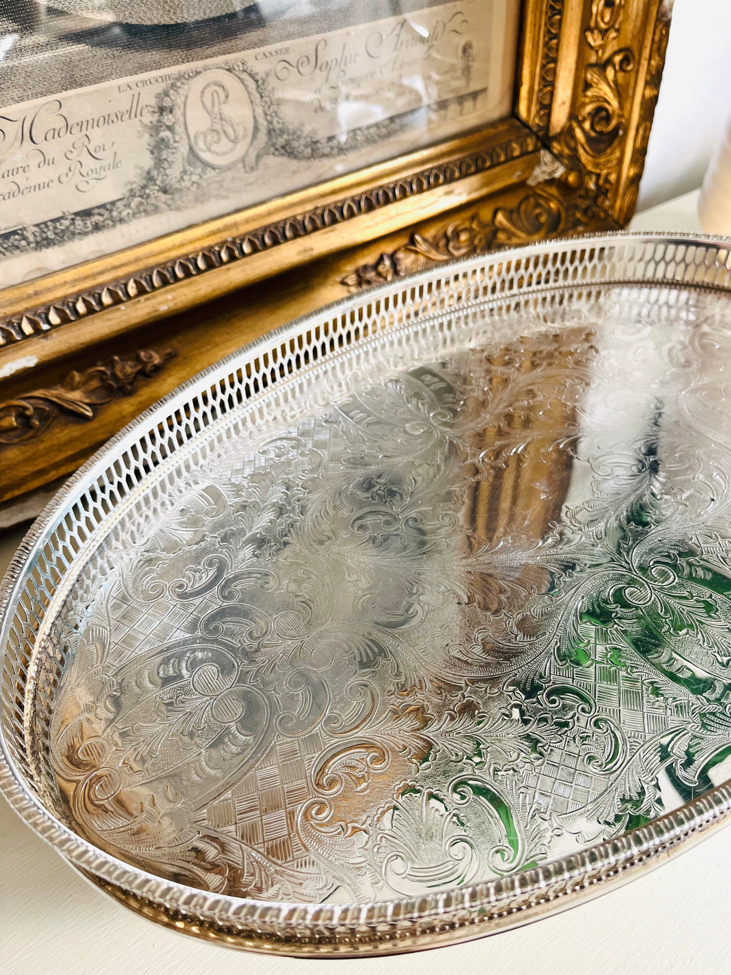 Vintage silver plated engraved tray 39cm by 24cm Made in Sheffield England