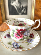 Load image into Gallery viewer, Royal Albert flower of the month teacup and saucer set for March featuring Anenomies
