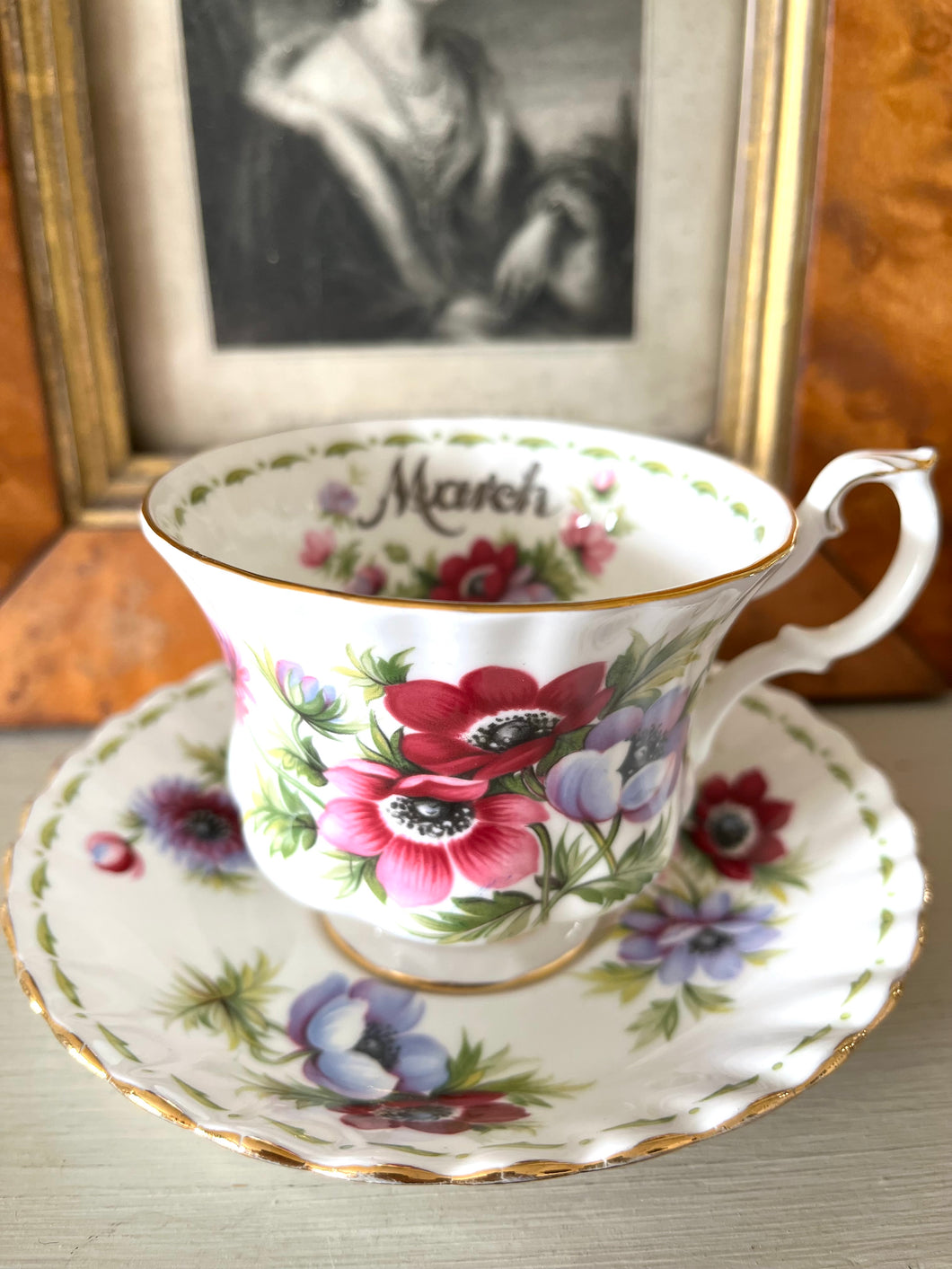 Royal Albert flower of the month teacup and saucer set for March featuring Anenomies