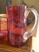 Load image into Gallery viewer, Original antique English cranberry glass jug with two matching glasses
