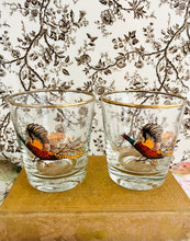 Load image into Gallery viewer, Pair of original vintage 1960s tumbler glasses with pheasant motive and gilt rim 8cm high
