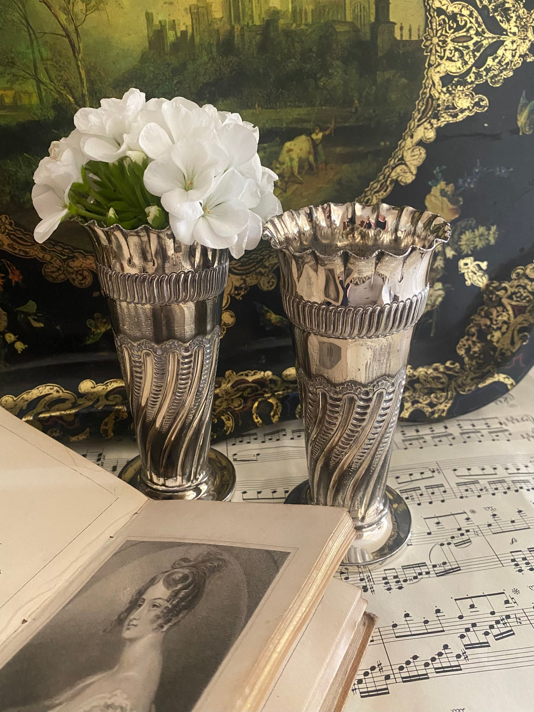 Pair of antique silver plated vases c1890