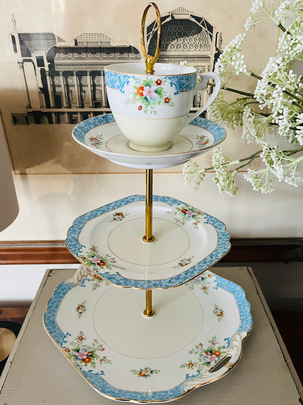 Three tier cake stand made with Original Noritake plates and teacup