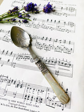 Load image into Gallery viewer, beautifully engraved silver plated antique jam spoon with mother of pearl handle
