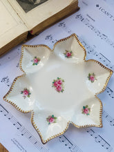 Load image into Gallery viewer, Beautiful flower shaped trinket dish with hand painted roses and gilt trim by Duchess china England
