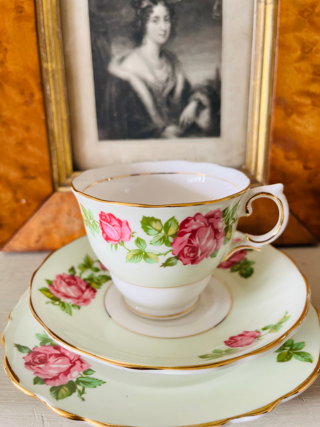 Colclough china 1940s pale green with pink cabbage roses teacup trio