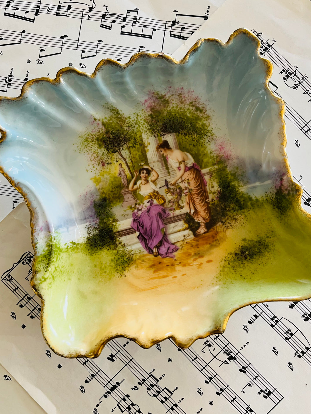 Antique hand painted fluted dish 14cm by 14cm c1890 ‘one of a kind’