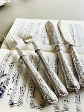 Load image into Gallery viewer, Pair of silver plated engraved fish knives and forks
