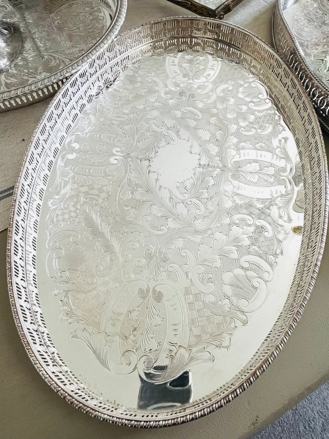 Large silver plated engraved tray 43cm by 30cm. Made in England