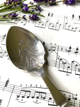 Load image into Gallery viewer, beautifully engraved silver plated antique jam spoon with mother of pearl handle
