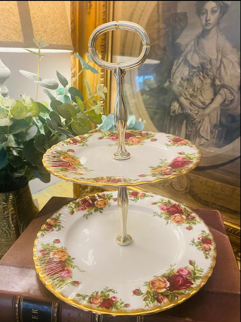 Royal Albert 2 tier old country roses cake stand