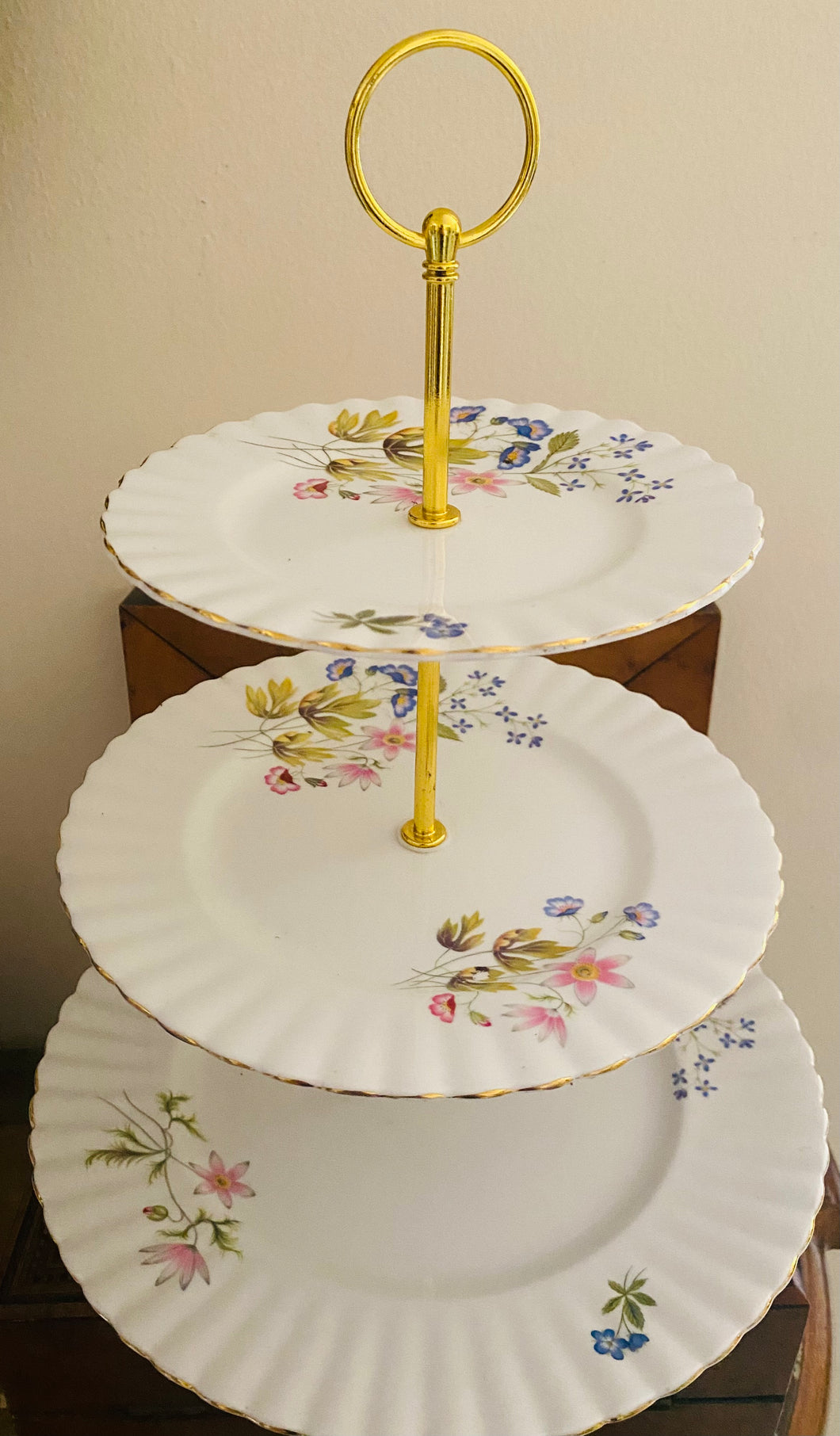 Three tier cake stand made with pretty Richmond china vintage plates