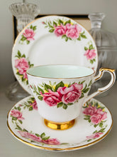 Load image into Gallery viewer, Paragon china teacup trio, pink roses with pale green cup inner
