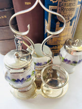 Load image into Gallery viewer, Original one of a kind antique cruet set with silver plated trim and stand
