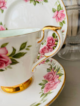 Load image into Gallery viewer, Paragon china teacup trio, pink roses with pale green cup inner
