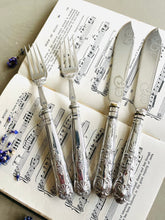 Load image into Gallery viewer, Pair of silver plated engraved fish knives and forks

