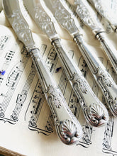 Load image into Gallery viewer, Set of 5 beautifully engraved silver plated knives with kings pattern handles
