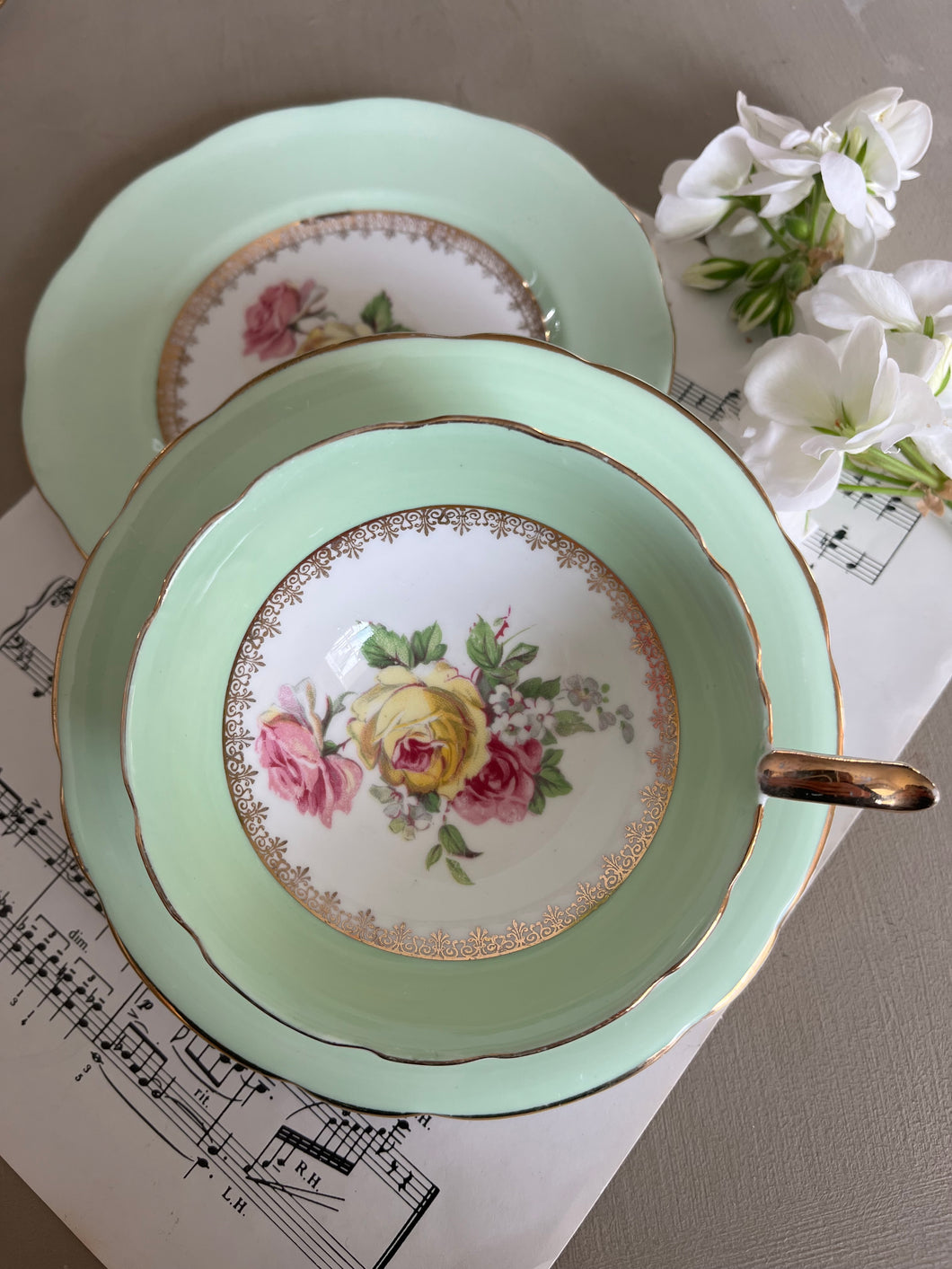 Imperial China vintage teacup trio with 22k gold detailing