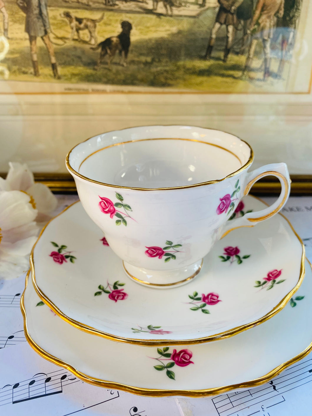 Colclough china ditsy rose teacup trio