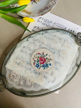 Load image into Gallery viewer, Original vintage glass tray with embroidered lace inlay
