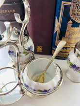 Load image into Gallery viewer, Original one of a kind antique cruet set with silver plated trim and stand
