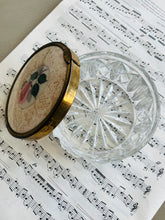 Load image into Gallery viewer, Vintage cut glass trinket pot with lace inset lid
