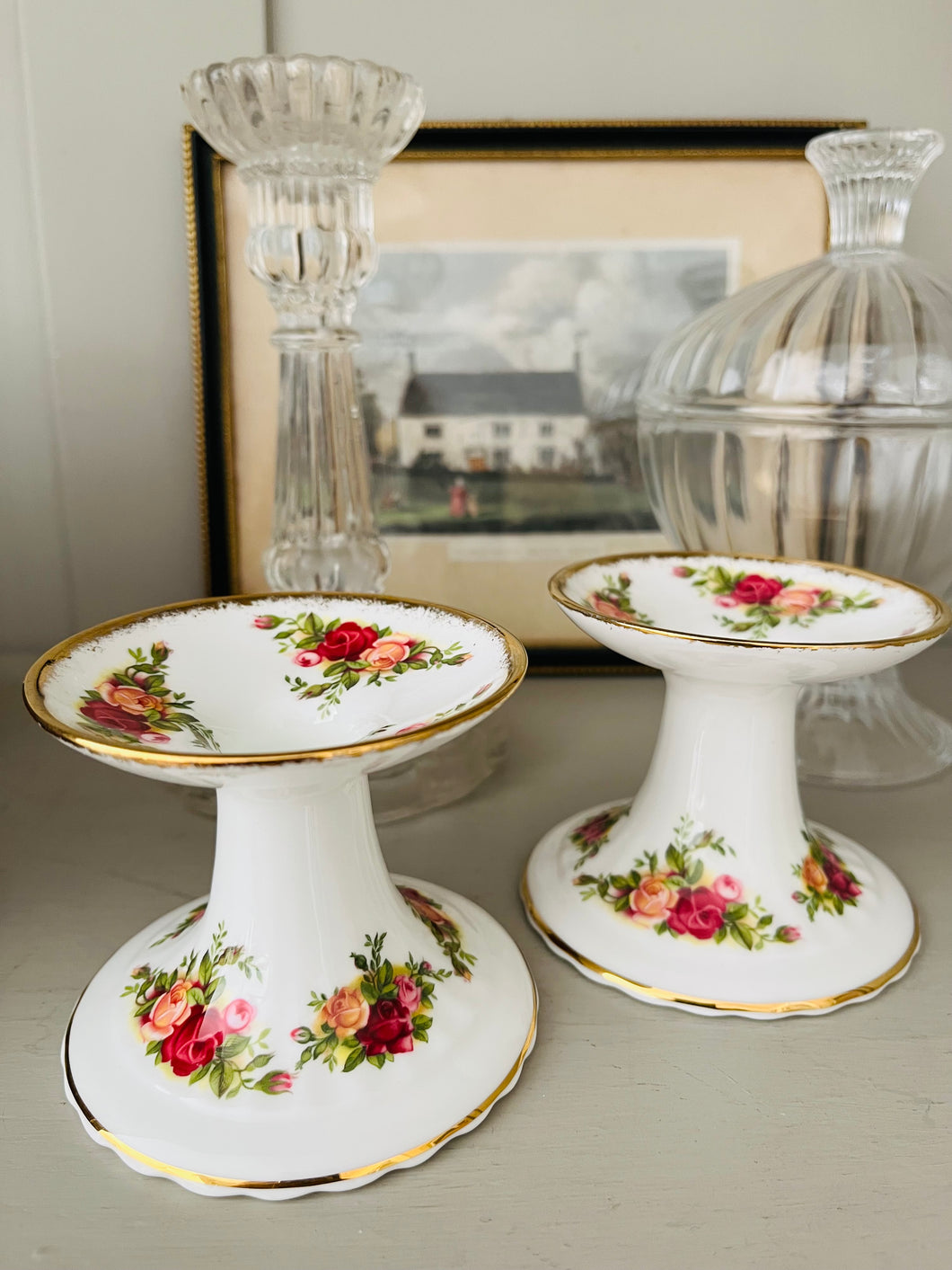 Pair of Royal Albert old country roses candlesticks