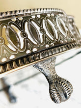Load image into Gallery viewer, Large silver plate on copper engraved vintage tray with galleried sides and claw feet. Made in England
