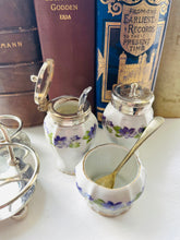 Load image into Gallery viewer, Original one of a kind antique cruet set with silver plated trim and stand
