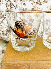 Load image into Gallery viewer, Pair of original vintage 1960s tumbler glasses with pheasant motive and gilt rim 8cm high

