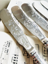 Load image into Gallery viewer, Set of 5 beautifully engraved silver plated knives with kings pattern handles
