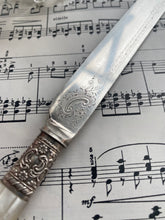 Load image into Gallery viewer, Antique engraved silver plated butter knife with mother of pearl handle
