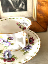 Load image into Gallery viewer, Royal Albert flower of the month teacup and saucer set for March featuring Anenomies
